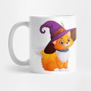 Cute and fluffy cat in a purple witch hat Mug